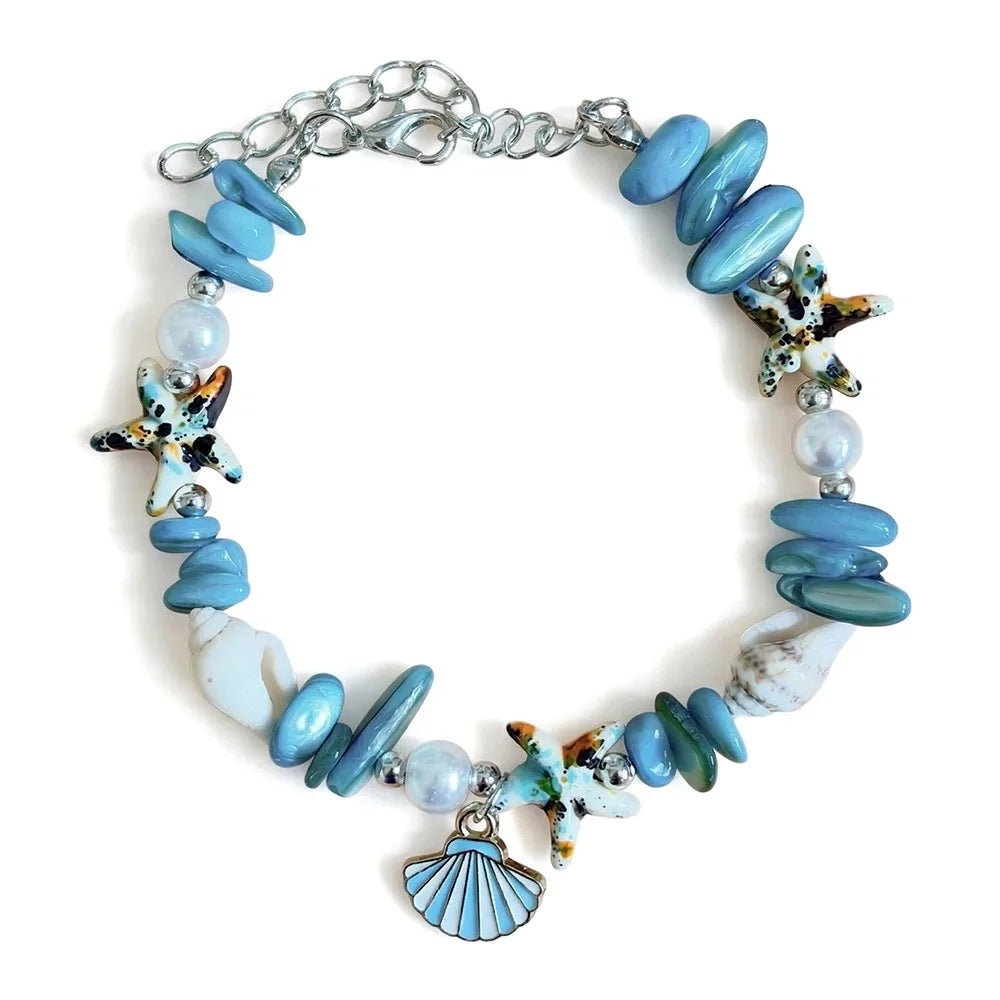 Shell Starfish Pearl Bracelet – Adjustable Beach Bangle for Women Shell Beaded Bracelet Axl Blue