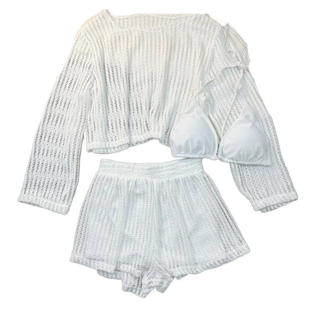 3-Piece Crochet Knit Swimsuit Set | Long Sleeve Beach Cover Up Swimsuit Cover Up Set Axl White XL