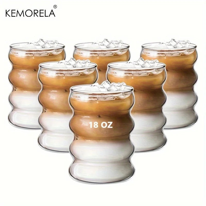 KEMORELA 6-Piece Wave Shape Heat-Resistant Glass Cup Set Glass Drinkware Set Axl