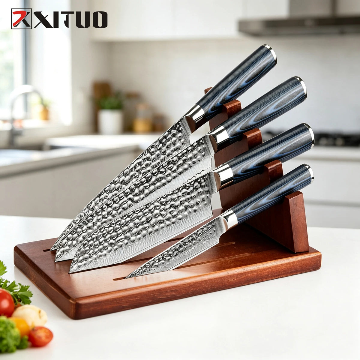 XITUO 5-Piece Damascus Chef Knife Set with Wooden Block Chef Knife Set Axl 5PCS Knife Set