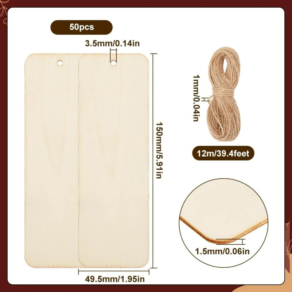 50 Pcs Wood Bookmark Blanks 6x2" Unfinished DIY Gift Tags Wood Craft Blanks Axl