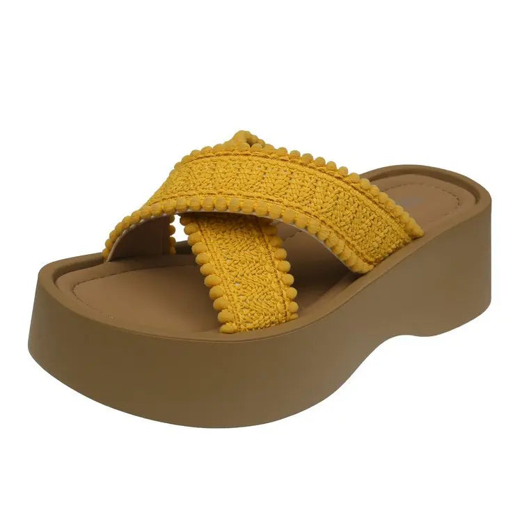 Woven Chunky Platform Sandals – Bohemian Cross-Strap Beach Heels Platform Sandals Axl YELLOW 37
