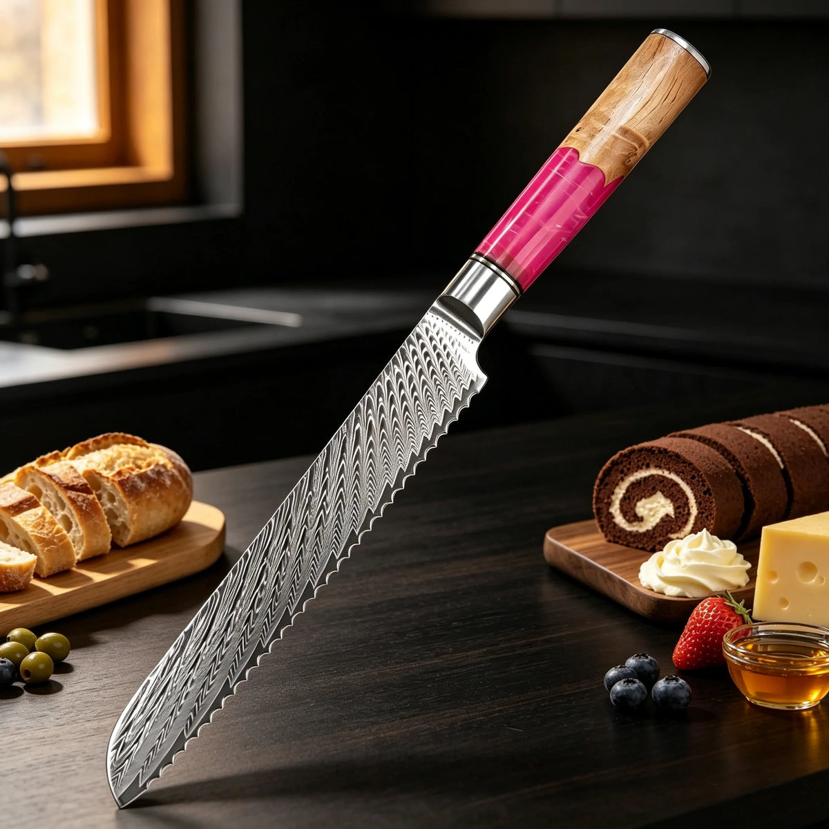 67-Layer Damascus Steel Bread & Chef Knife – Sharp 19.2cm Damascus Kitchen Knife Axl