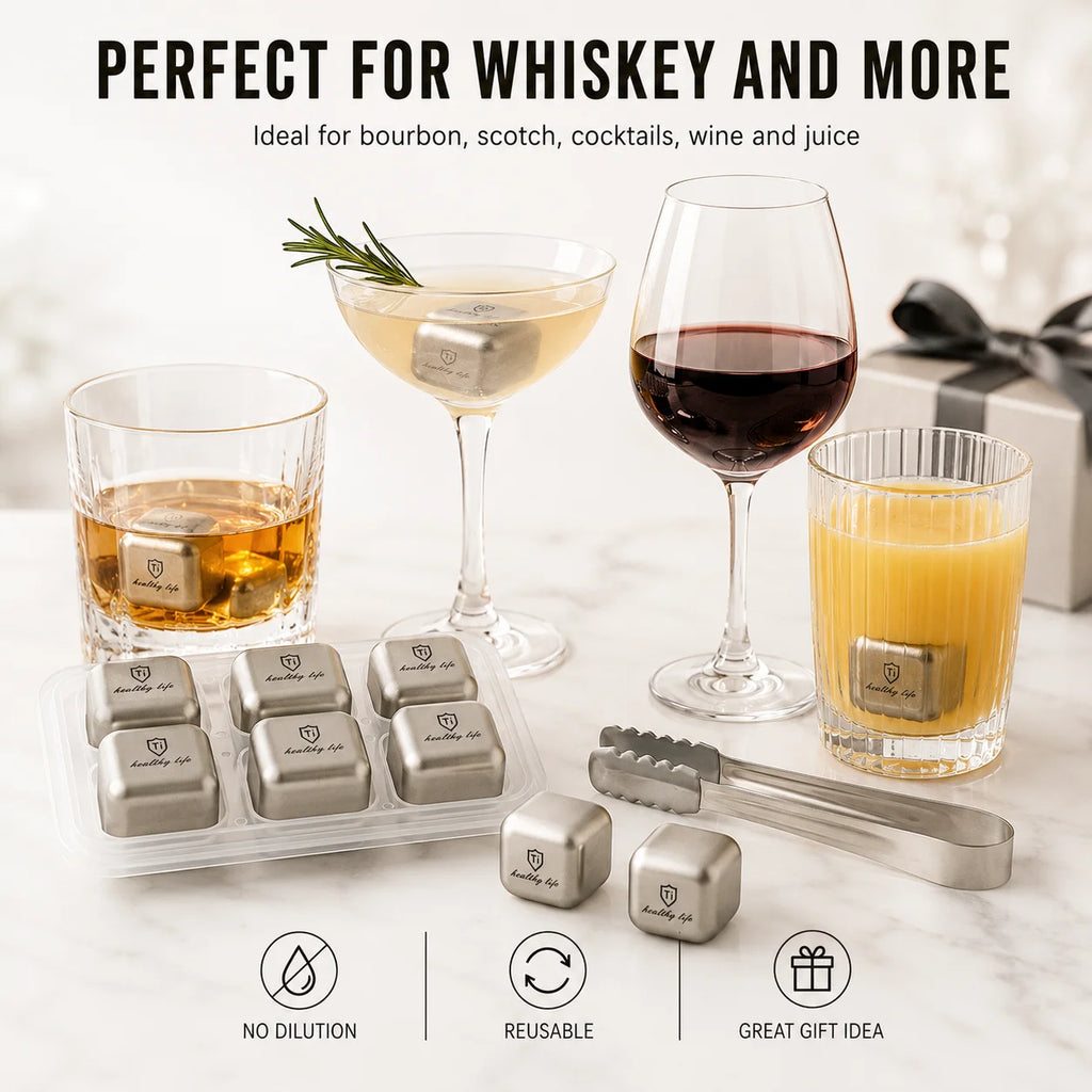Titanium Stainless Steel Reusable Ice Cubes Set with Tongs Whiskey Stones Set Axl