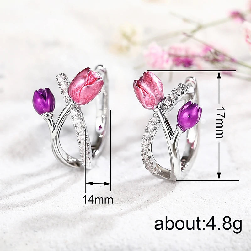 Huitan Pink Purple Tulip Hoop Earrings – CZ Flower Jewelry Hoop Earrings Axl