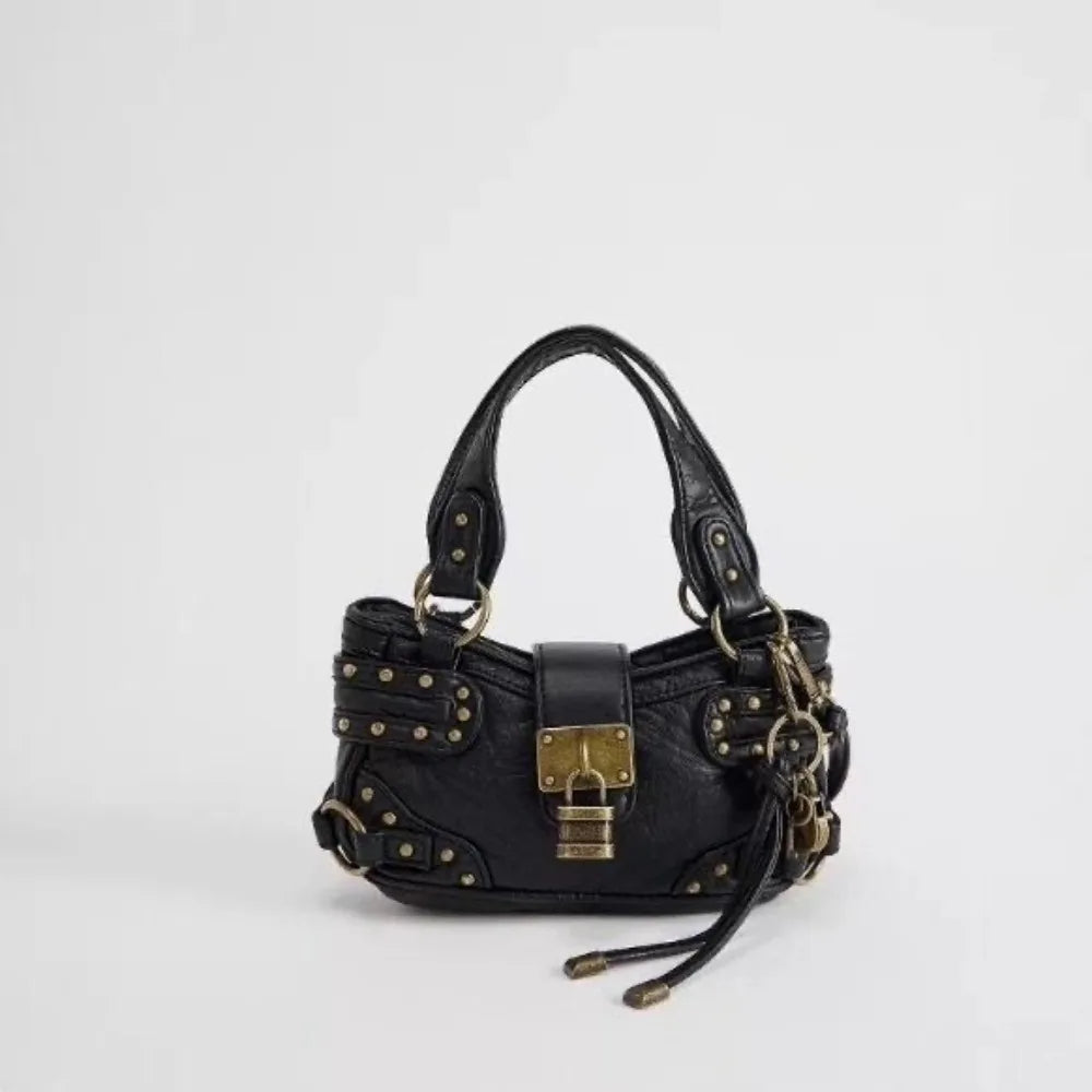Retro Rivet Lock Crossbody Bag – Women's PU Motorcycle Tote Crossbody Handbag Axl Black