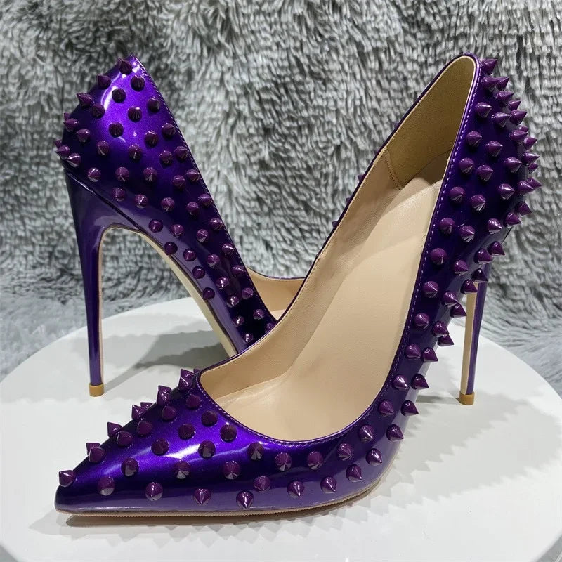 Women's Pink Studded High Heels – Rivet Pointed Toe Pumps Studded High Heels Axl Purple 8CM 40