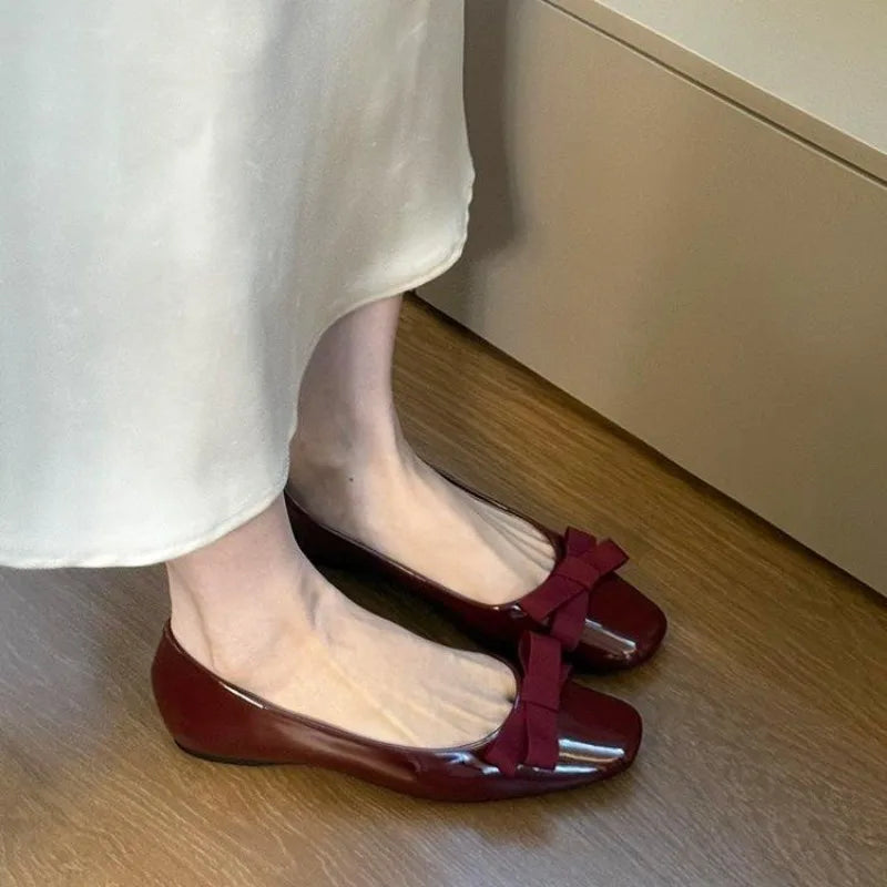 Women's Bow Flat Shoes – Elegant Korean Slip-On Flats Women's Flat Shoes Axl 36 wine red