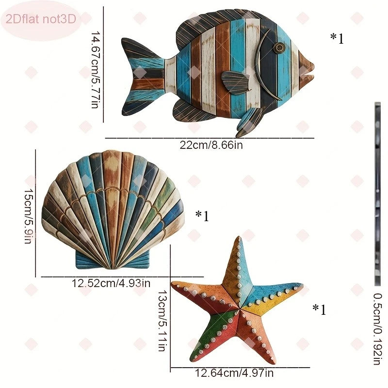 3-Piece Wooden Ocean Art – Fish Shell Starfish Farmhouse Decor Wooden Home Decor Axl 3pcs