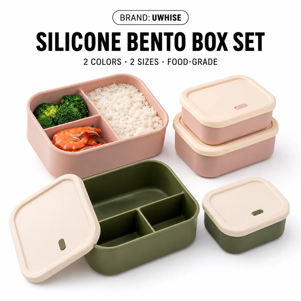 UWHISE Silicone Bento Box 3-Compartment Microwave Safe Lunch Box Silicone Lunch Box Axl