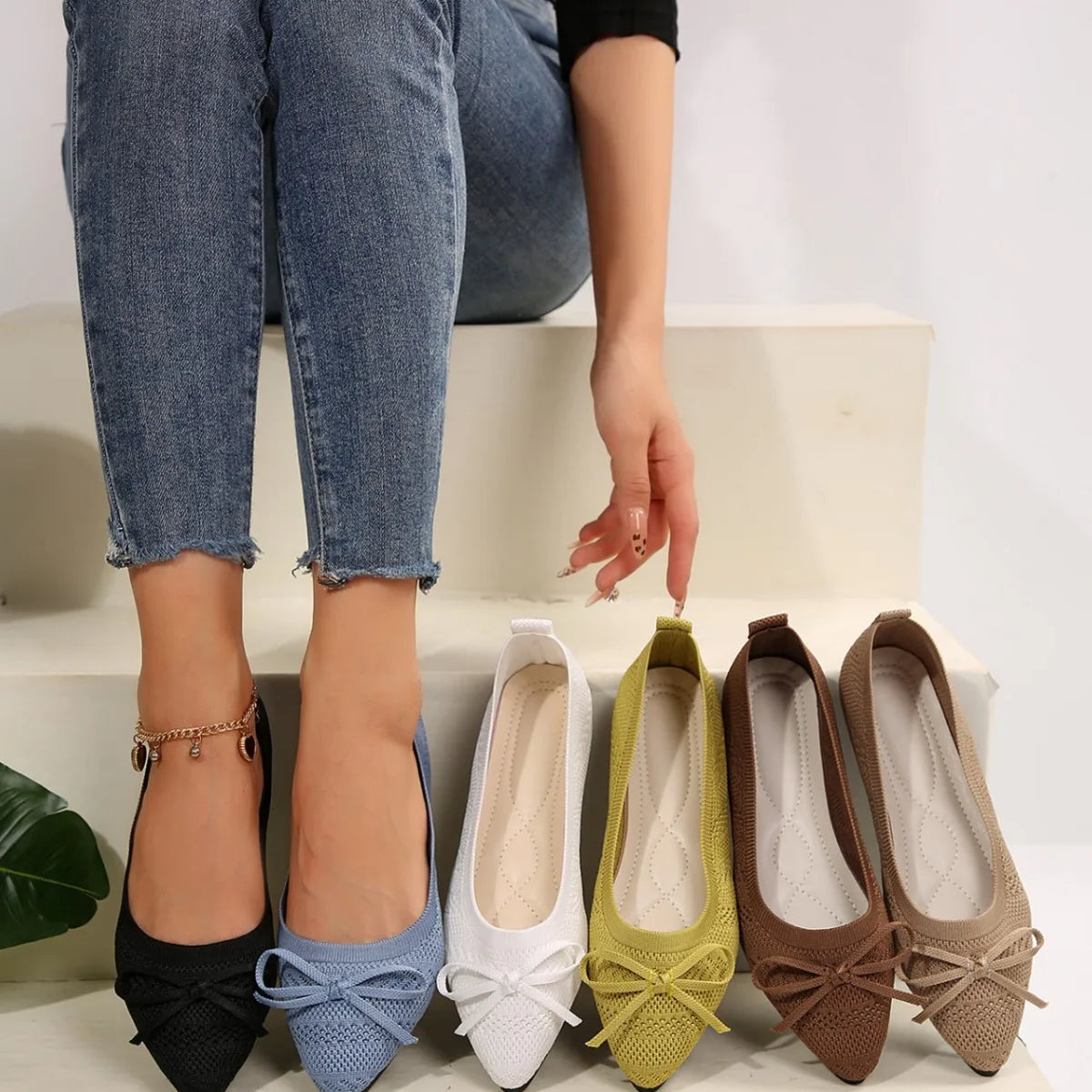 Women's Pointed Toe Knit Bow Flats – Sizes US 5–14 | YBQJOO Women's Flat Shoes Axl
