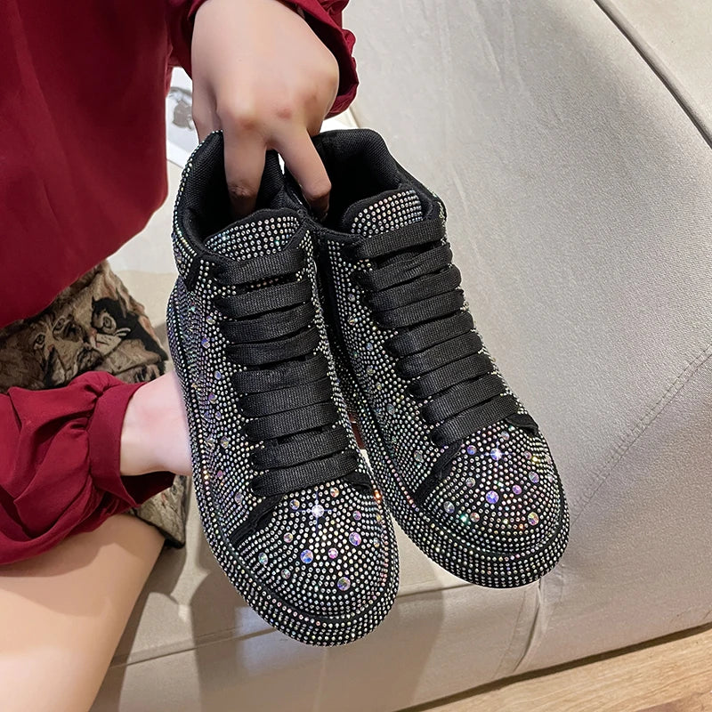 Women's Rhinestone Platform Sneakers – Shiny Lace-Up Casual Shoes Platform Sneakers Axl
