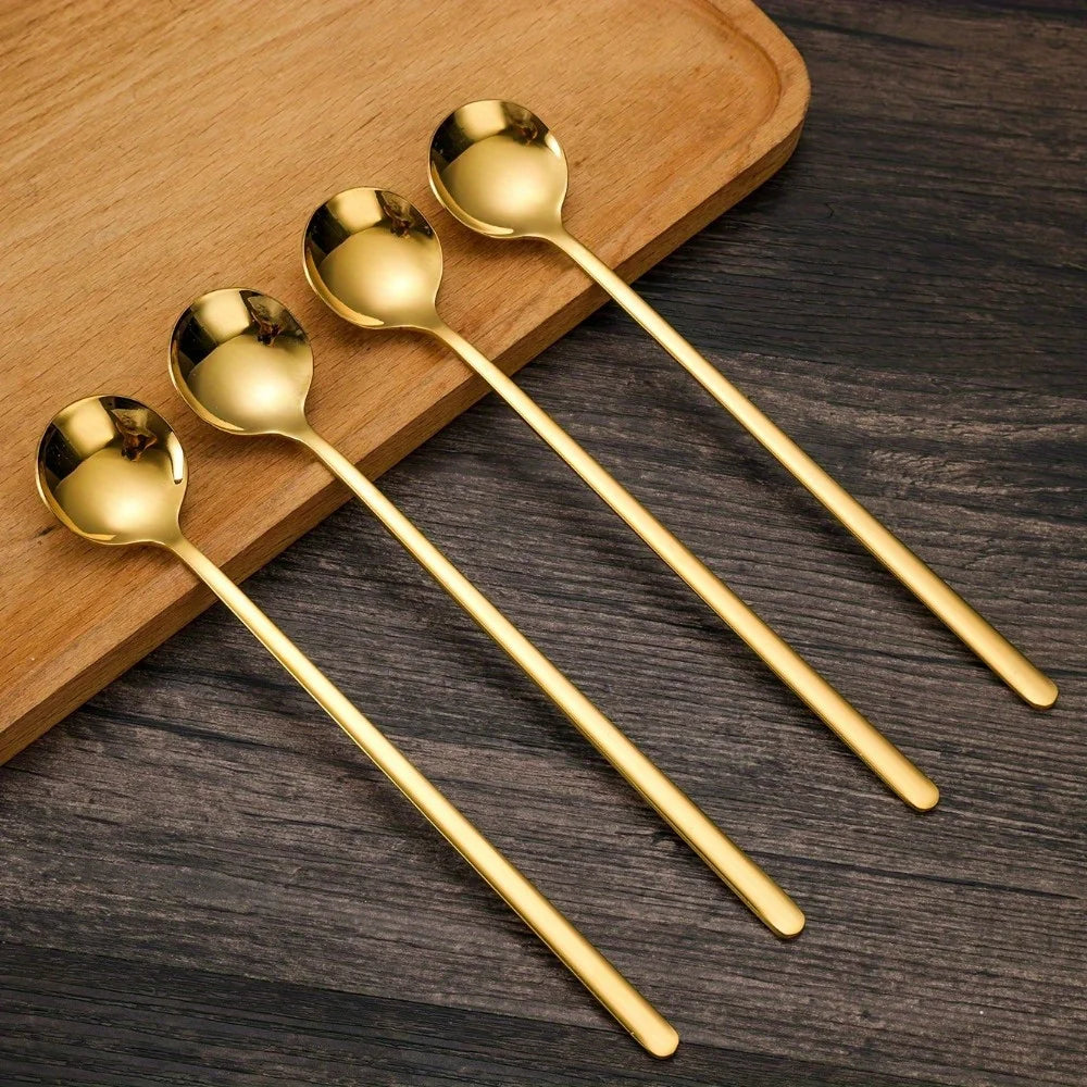 4-Piece Long Handle Stainless Steel Spoons – Gold & Silver Kitchen Spoon Set Axl
