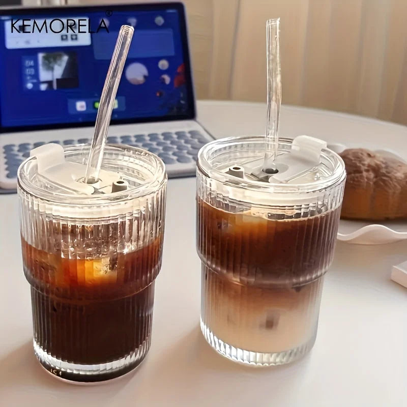 KEMORELA 450ml Stripe Glass Cups with Lid & Straw | 4/6 Pack Glass Drinkware Set Axl