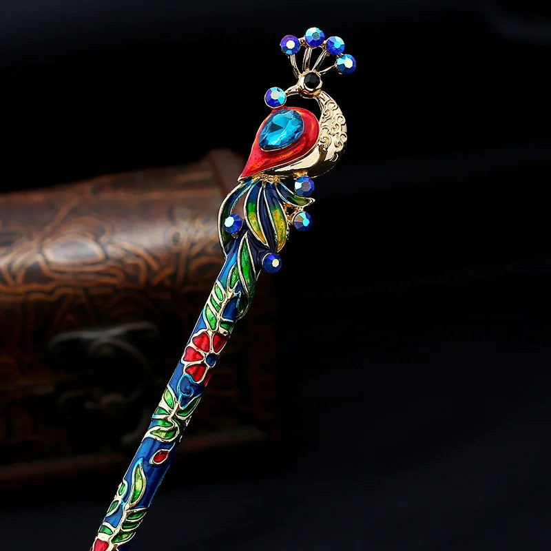 Retro Peacock Enamel Crystal Hair Stick Pin – Chinese Style Hair Stick Pin Axl
