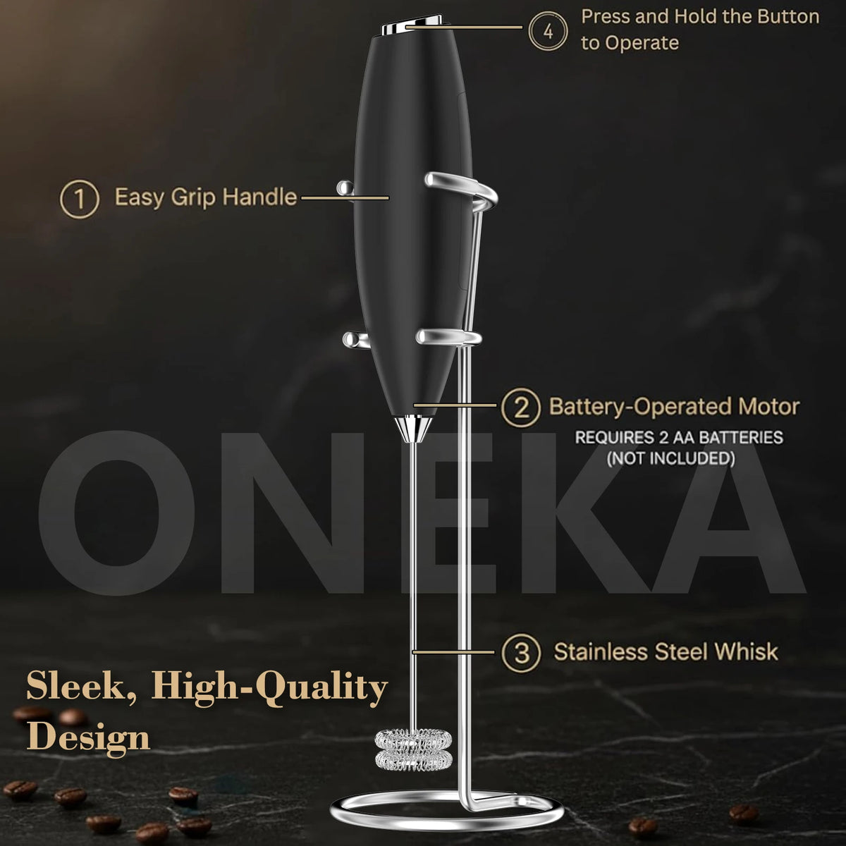 ONEKA Handheld Milk Frother Wand with Stand | Battery Powered Milk Frother Wand Axl