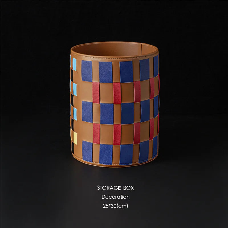 Colorful Leather Woven Round Storage Basket – Organizer Bin Storage Basket Axl Colored Leather