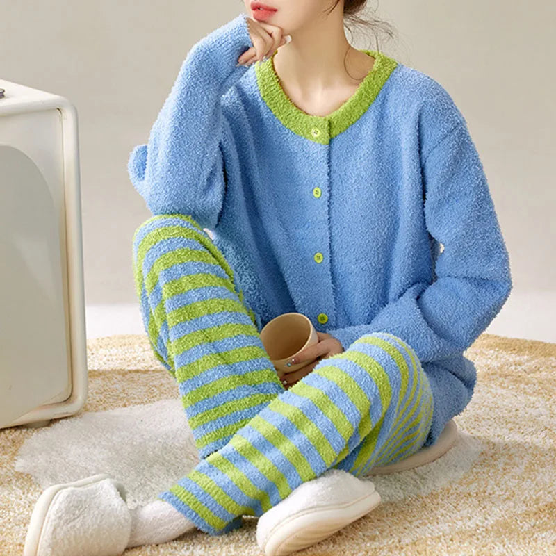 Women's Fleece Striped Pajama Set – Soft 2-Piece Winter Loungewear Pajama Set Axl blue M