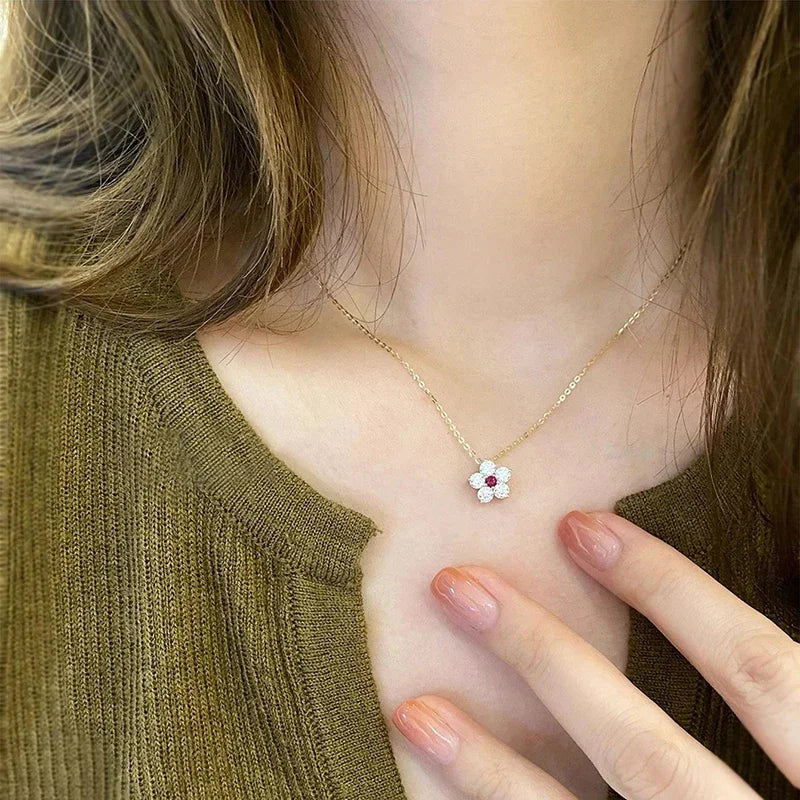 Huitan Flower Pendant Necklace Red CZ | Women's Fashion Pendant Necklace Axl