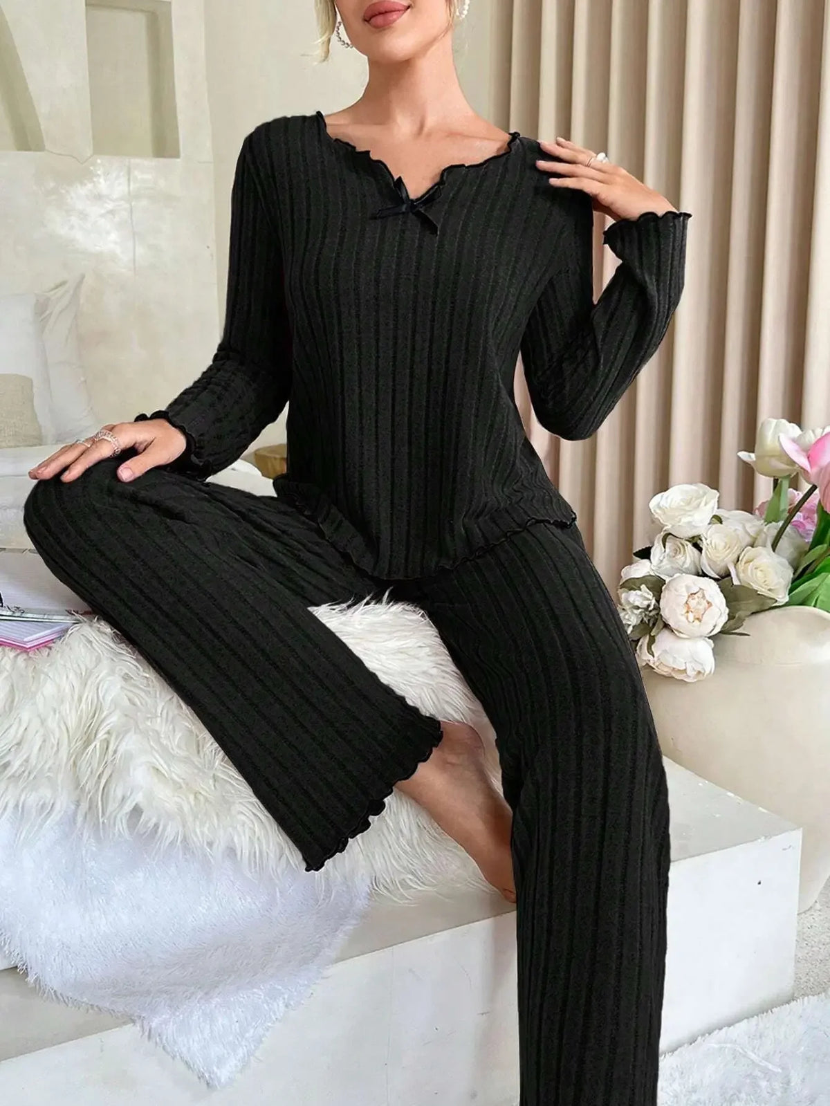 Women's Ribbed Pajama Set – Long Sleeve Top & Pants | 2-Piece Women's Pajama Set Axl black M