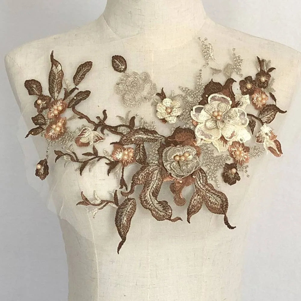 3D Floral Embroidered Lace Applique Patch – DIY Sewing Fabric Lace Fabric Applique Axl Coffee