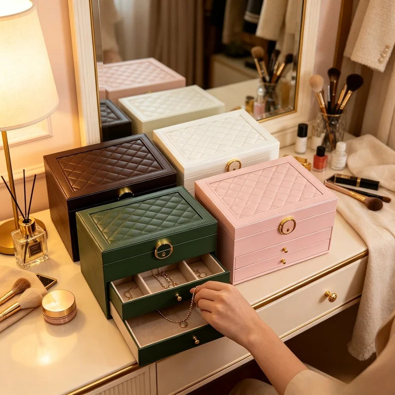 Multi-Layer Drawer Jewelry Organizer – Leather & Velvet Box Jewelry Storage Box Axl