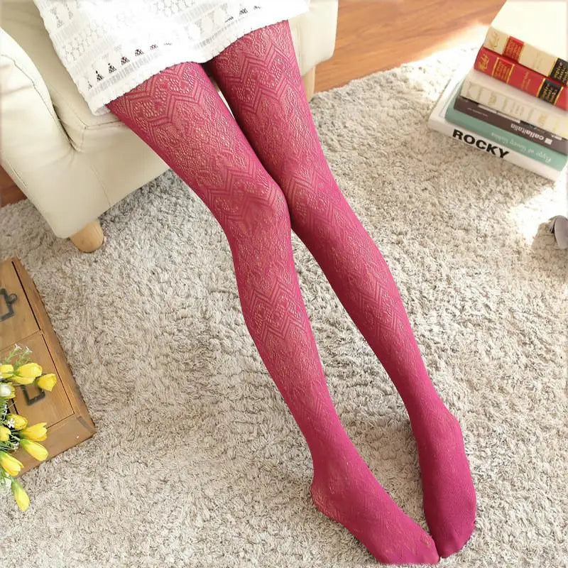 Women's Love Wave Fishnet Tights – Hollow-Out Pantyhose Fishnet Tights Axl wine red One Size