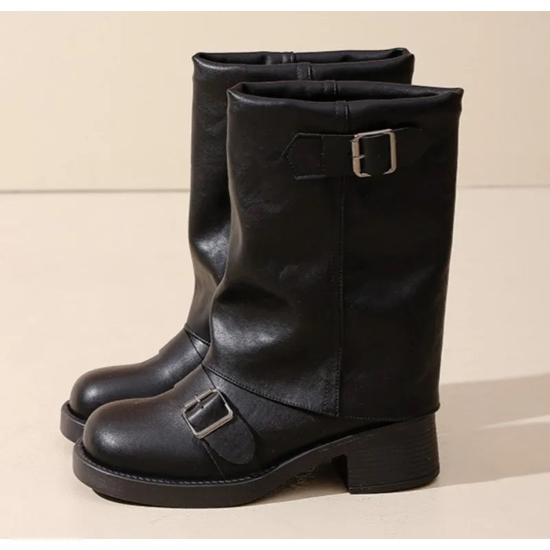 Women's Slip-On Mid-Calf Boots – Retro Block Heel PU Leather Mid-Calf Boots Axl