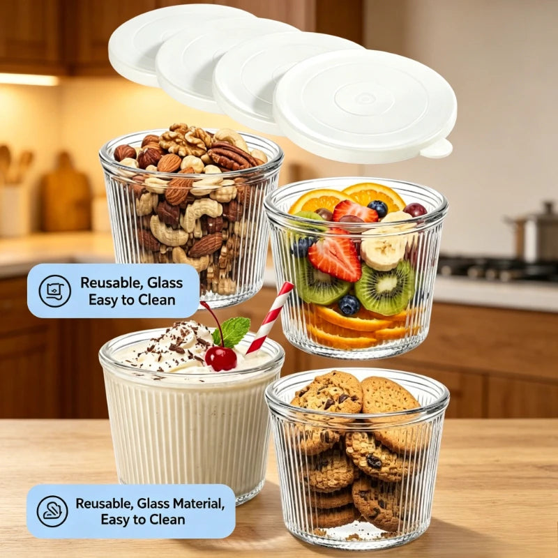 Small Glass Bowls with Lids – Stackable Clear Stripe Containers Glass Storage Bowl Axl