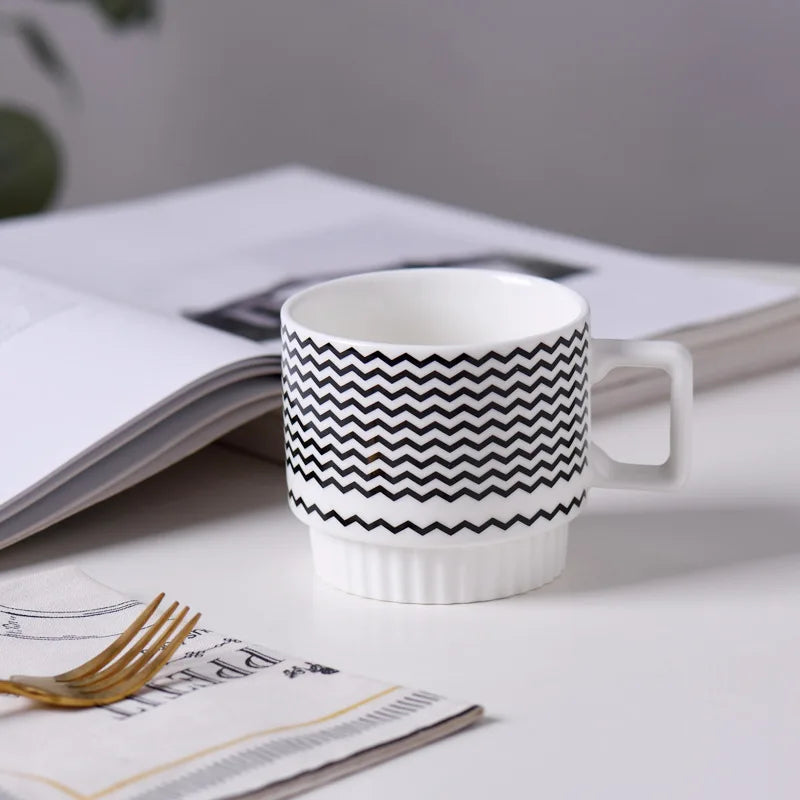 KEMORELA Nordic Ceramic Mug – Stackable Coffee & Tea Cup Ceramic Coffee Mug Axl Wavy Pattern 301-400ml
