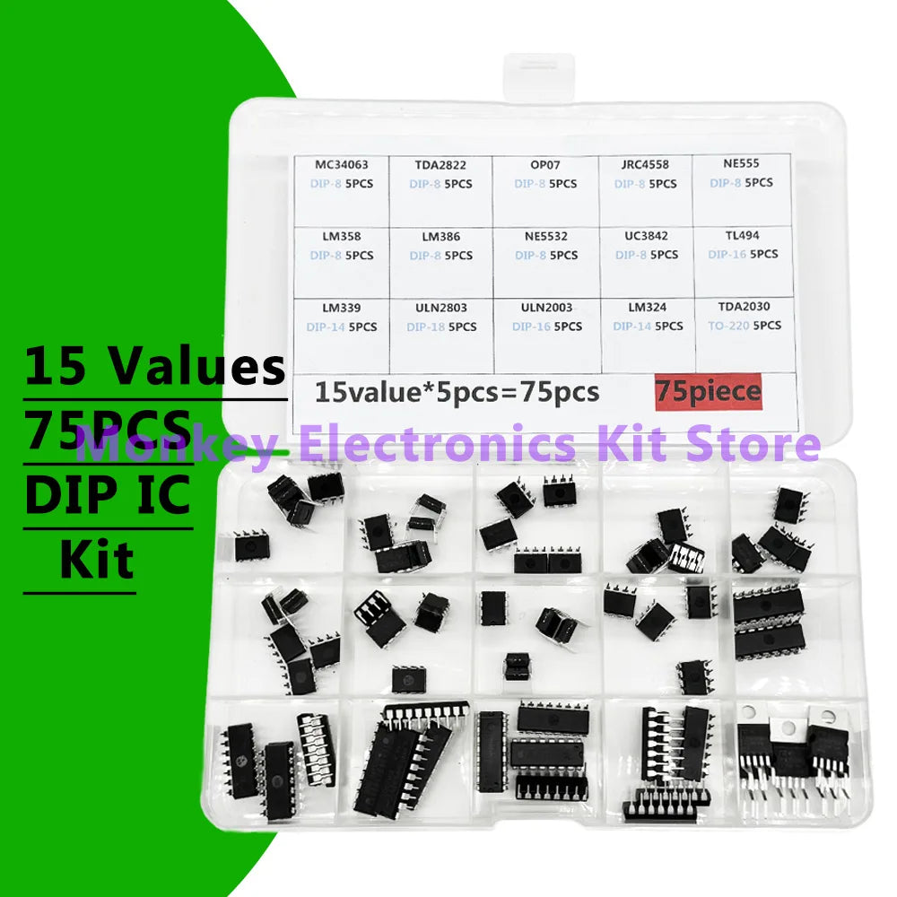 75PCS 15-Value DIP IC Kit – NE555, LM358, LM386 & More IC Component Kit Axl