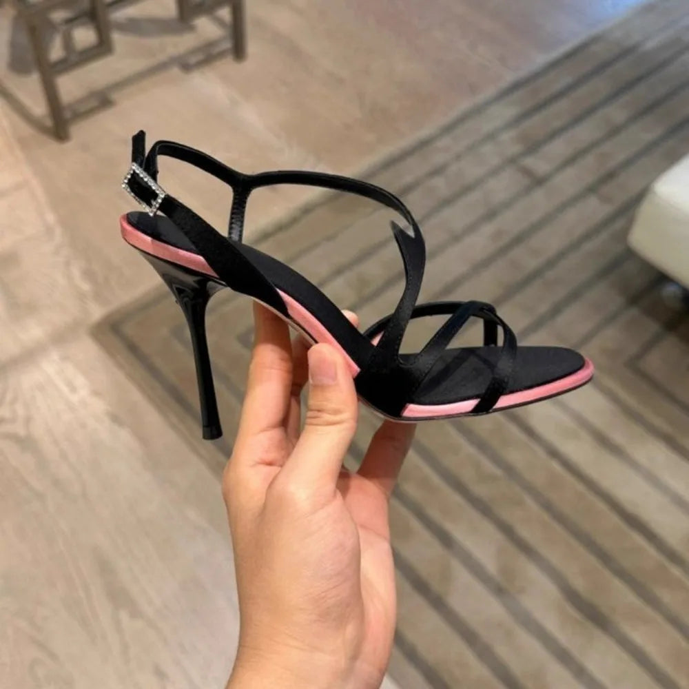 Women's Satin Color Block High Heel Sandals | Open Toe Buckle High Heel Sandals Axl