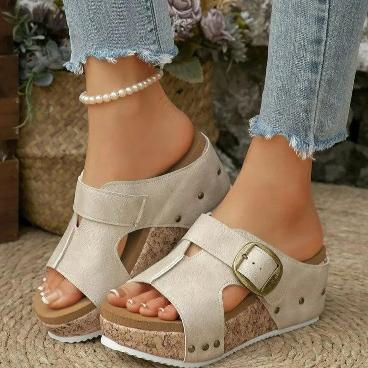 Women's Wedge Platform Sandals – Buckle Slip-On High Heel Wedge Platform Sandals Axl 36 Beige