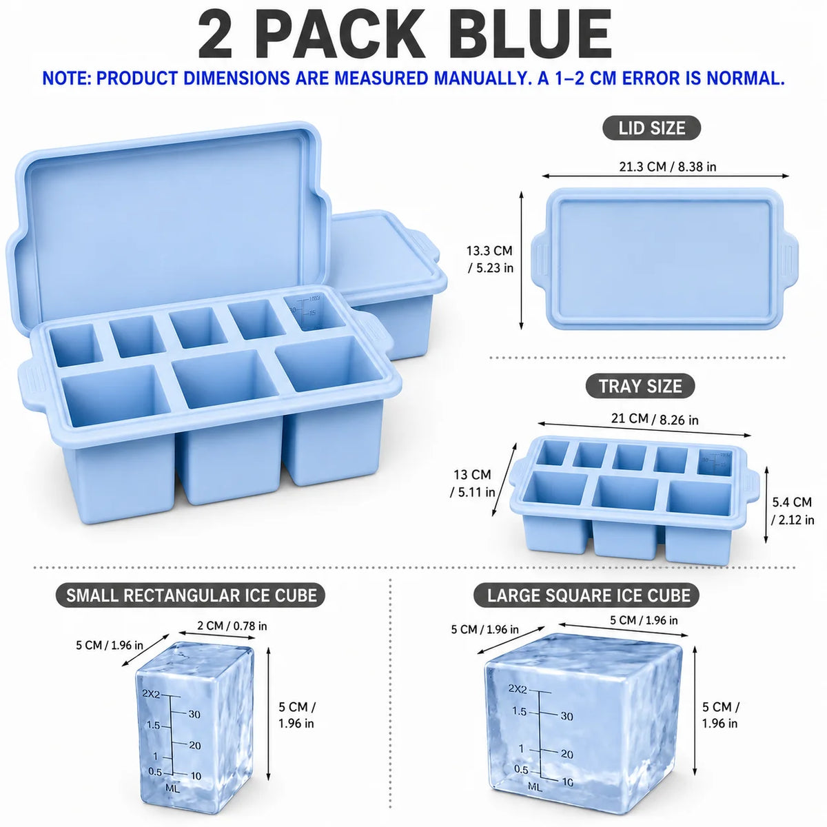 Silicone Ice Cube Tray with Metal Frame & Lid | 8 Large Cubes Silicone Ice Cube Tray Axl 2 Pack Blue