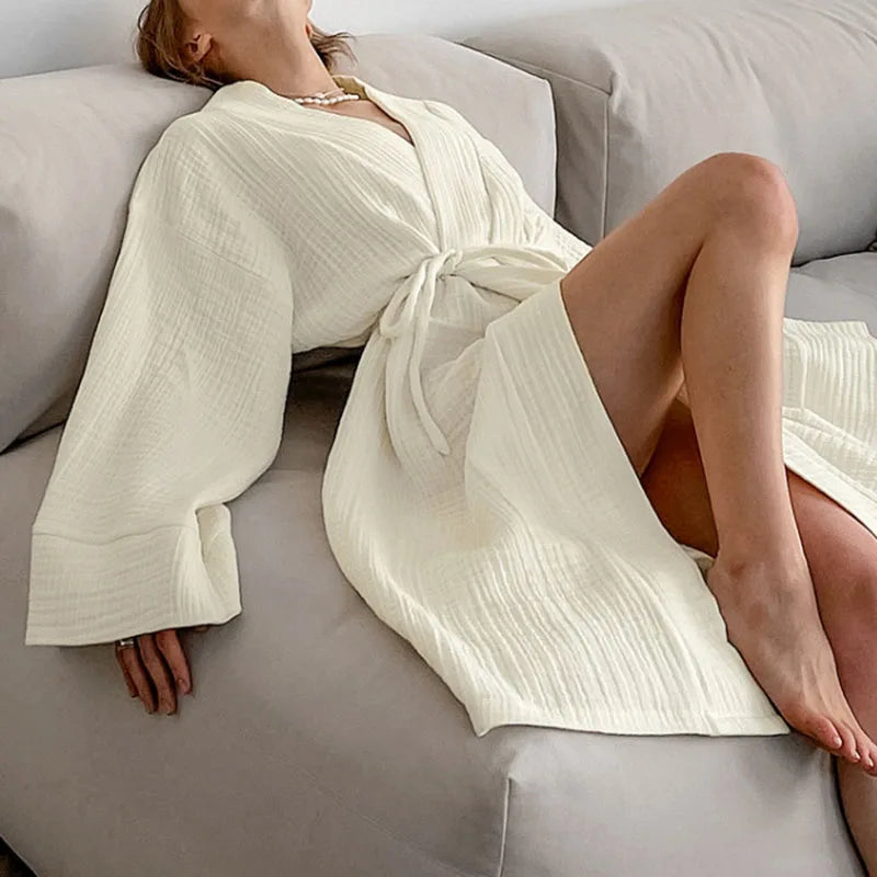 Women's Beige Long-Sleeve V-Neck Lace-Up Robe | Soft Loungewear Women's Loungewear Robe Axl