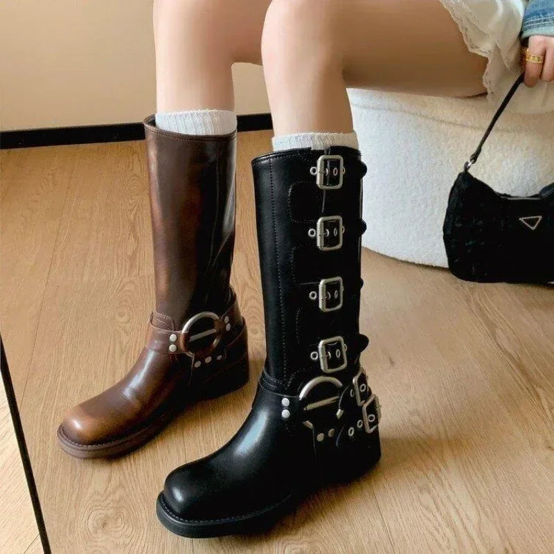 Women's Punk Mid-Calf Boots – Metal Buckle Chunky Wedge Heel Mid-Calf Boots Axl