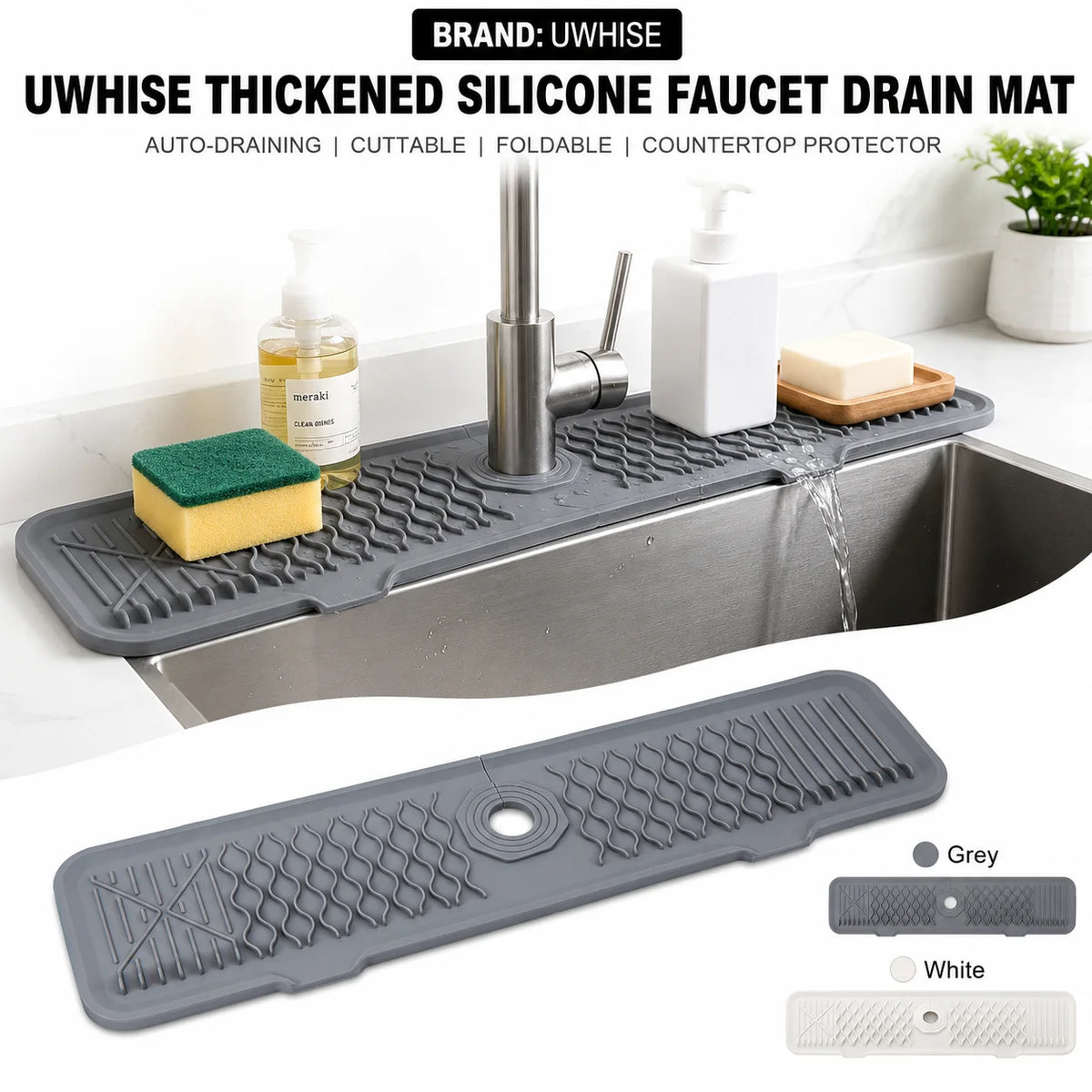Uwhise Silicone Faucet Mat – Sloped Sink Splash Guard & Drip Tray Silicone Sink Mat Axl
