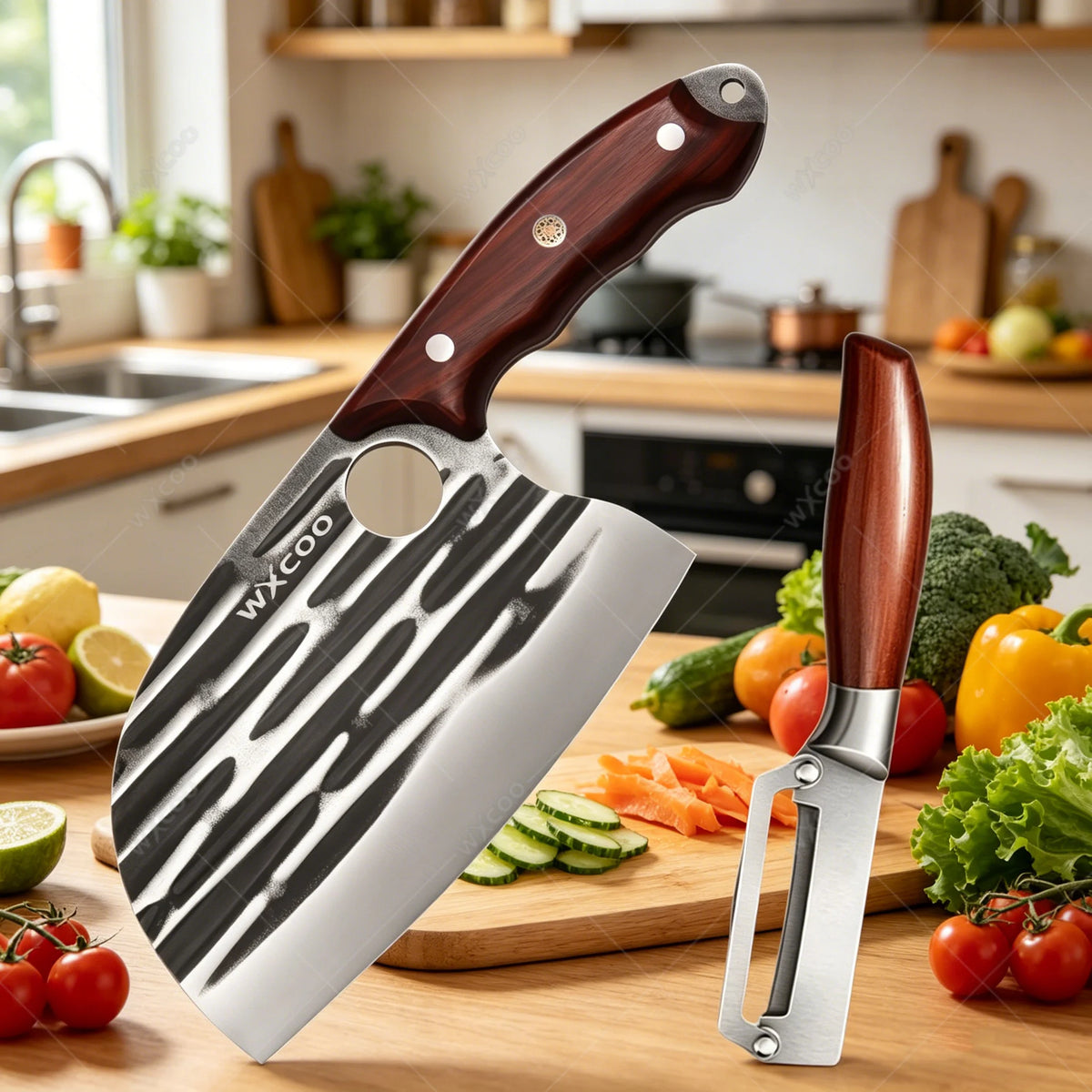 WXCOO Stainless Steel Chef Cleaver & Peeler Set | Wood Handle Chef Cleaver Set Axl 2PCS