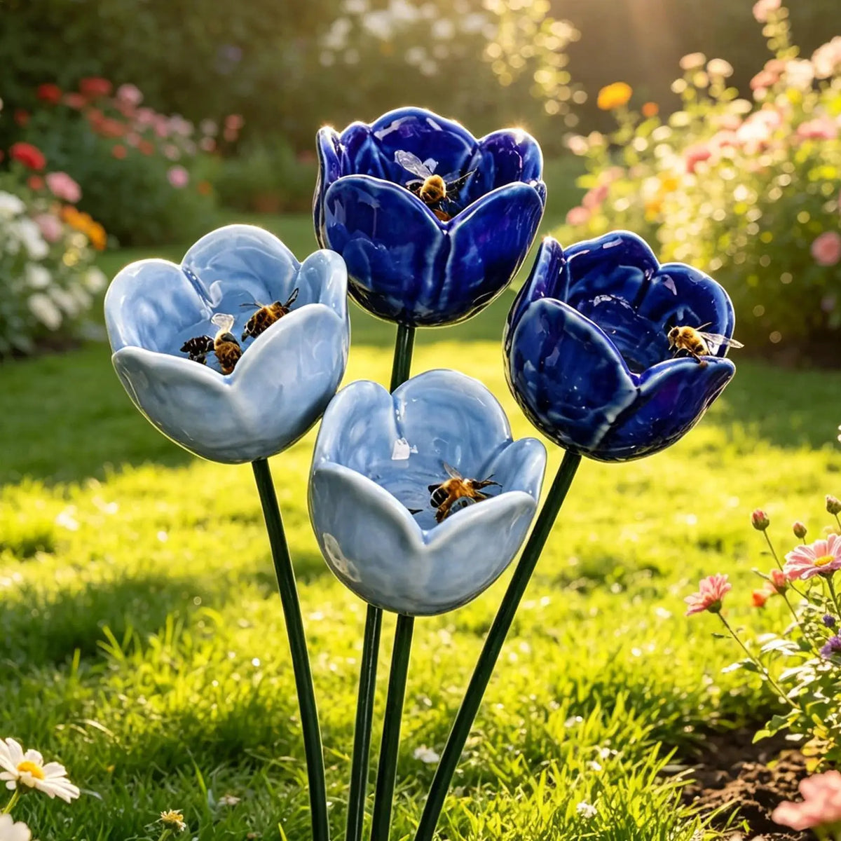 Flower Shaped Bee Watering Station Garden Stake Set of 4 Garden Bird Bath Axl