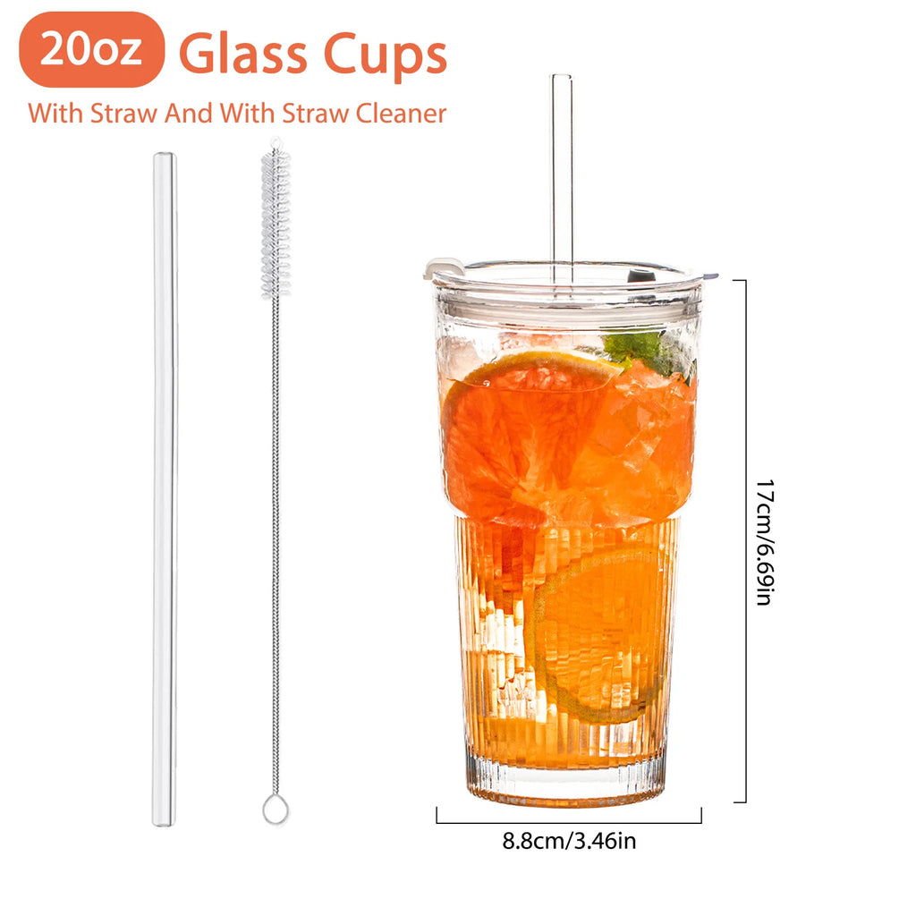 KEMORELA 600ml Stripe Glass Cup with Lid & Straw | 1 or 2 Pack Glass Drinkware Set Axl