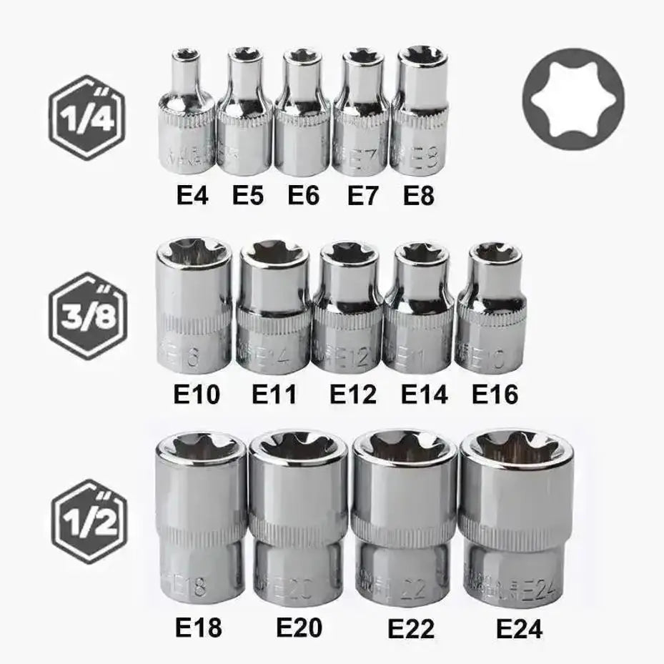14-Pc E-Torx Star Socket Set E4–E24 | 1/4 3/8 1/2" Drive Kit Socket Set Axl
