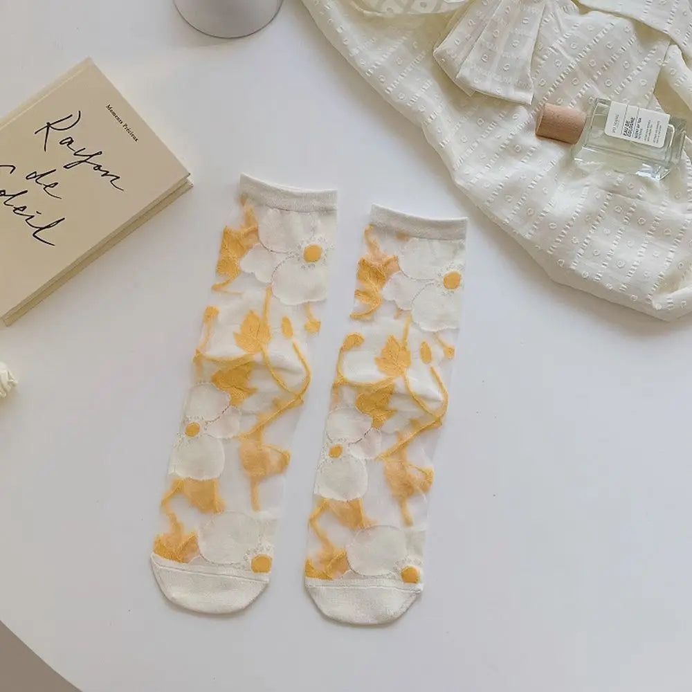Korean Floral Mesh Tube Socks – Sheer Embroidery Women's Socks Floral Mesh Socks Axl white One Size