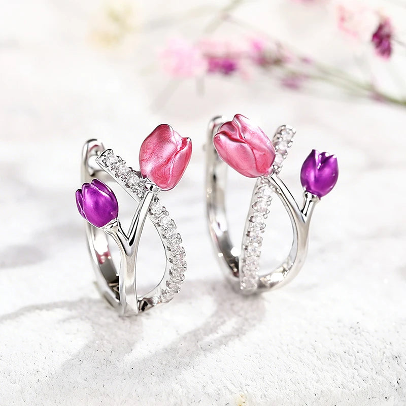 Huitan Pink Purple Tulip Hoop Earrings – CZ Flower Jewelry Hoop Earrings Axl