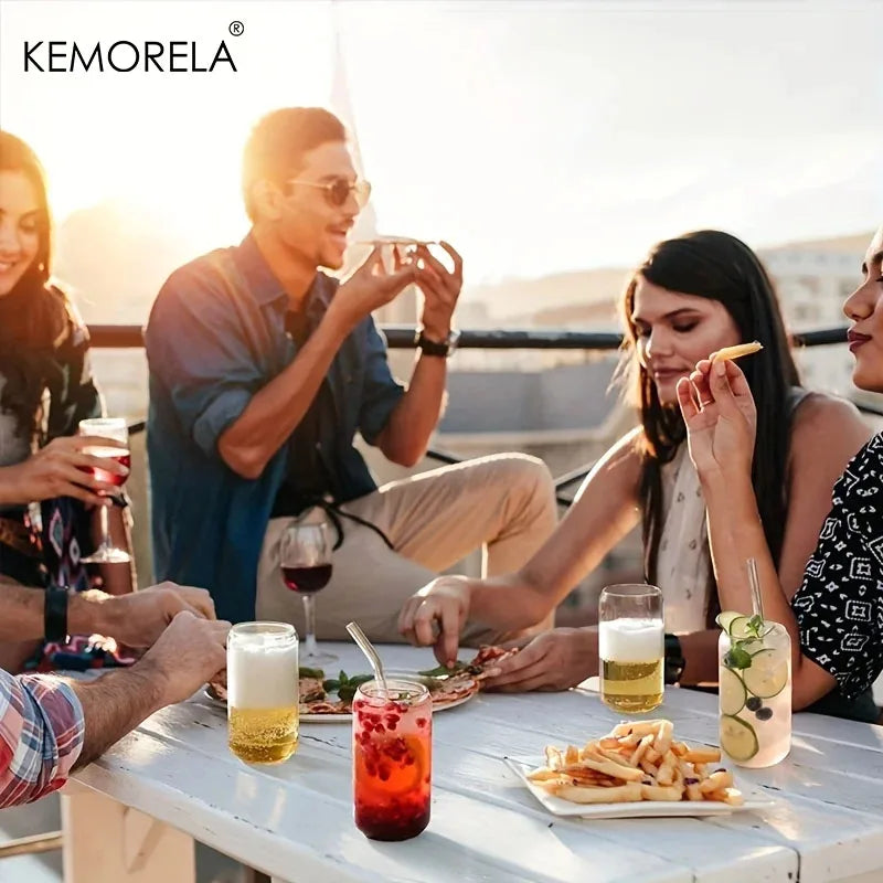 KEMORELA 4-Piece Glass Beer Cups Set with Straws & Cleaner Glass Drinkware Set Axl