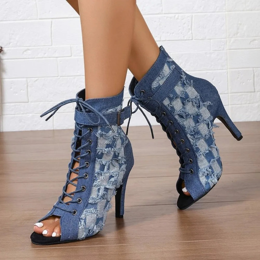 Women's Denim Peep Toe Ankle Boots – High Heel Short Booties Ankle Booties Axl