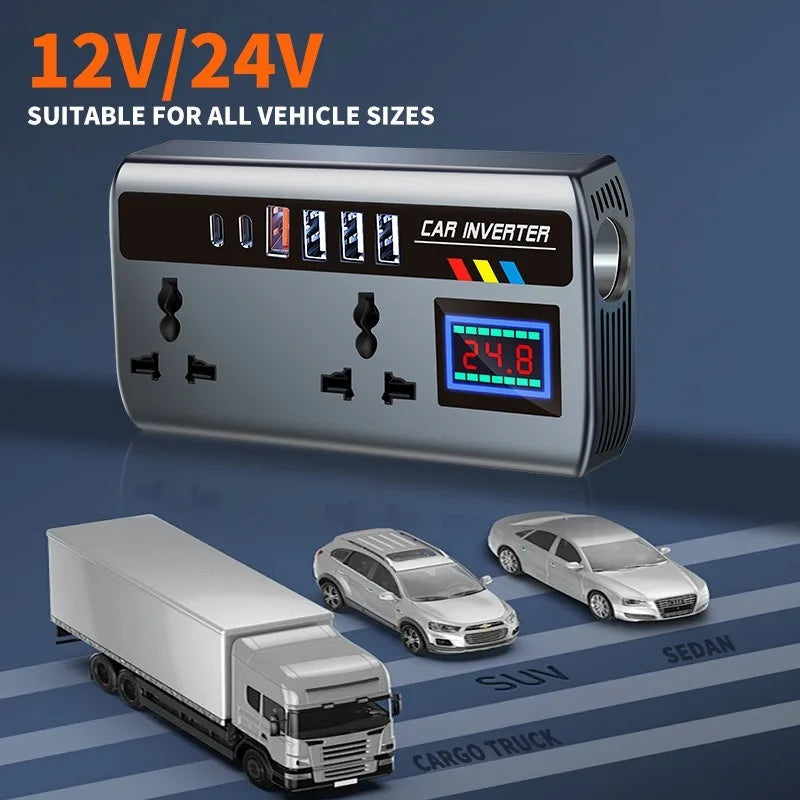 200W Car Inverter 9-in-1 | DC 12/24V to AC 220V + USB Ports Car Power Inverter Axl