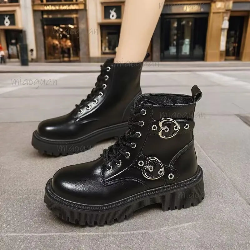 Women's Goth Platform Ankle Boots | Black Round Toe Plus Size Platform Ankle Boots Axl