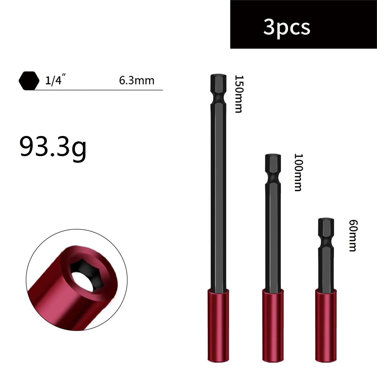 1/4" Hex Shank Screwdriver Bit Extension Bar Set – 3 or 5 Pcs Bit Extension Bar Axl 60-100-150mm China Mainland