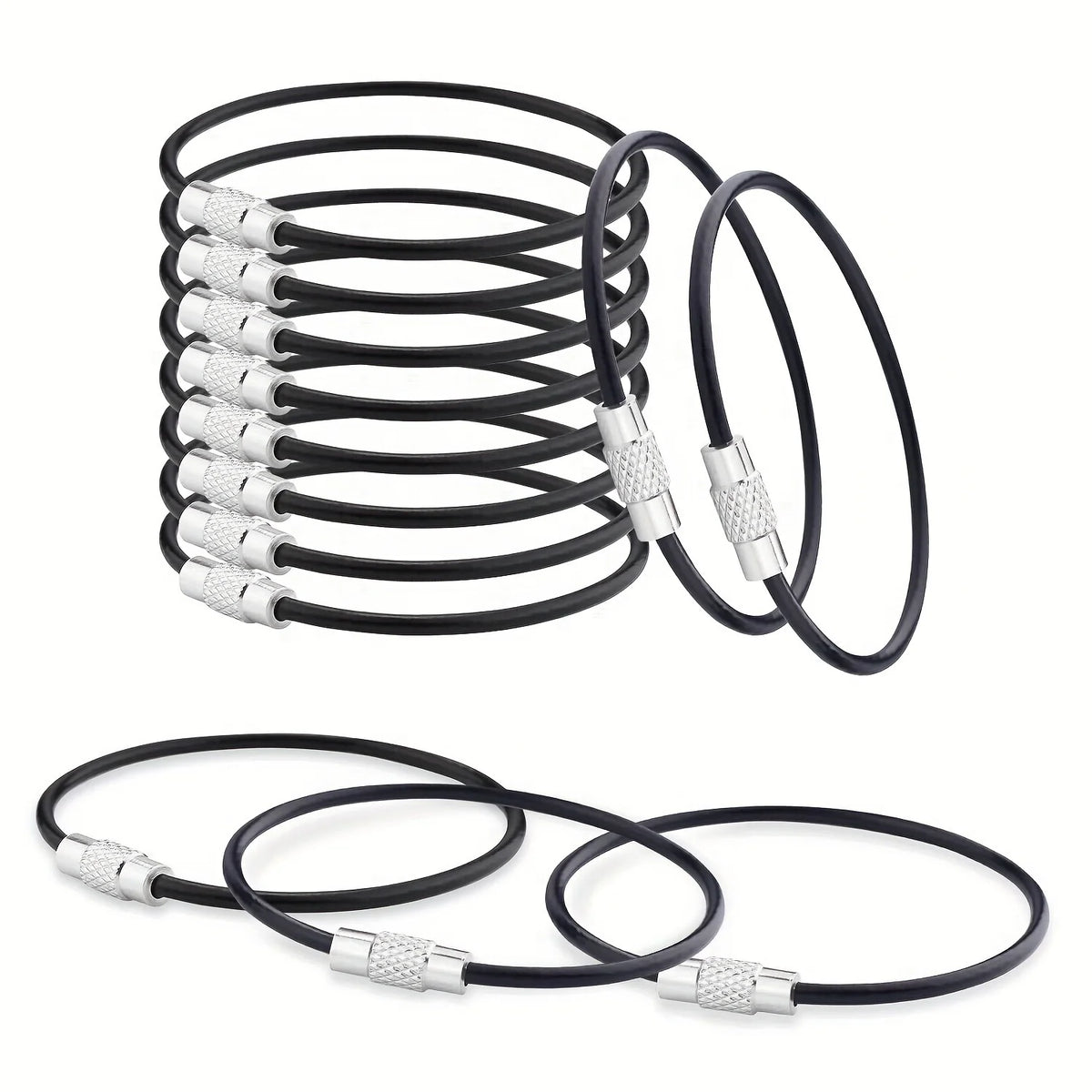 10-Pack Stainless Steel Cable Wire Keychains & Luggage Tag Loops Cable Wire Keychains Axl Black