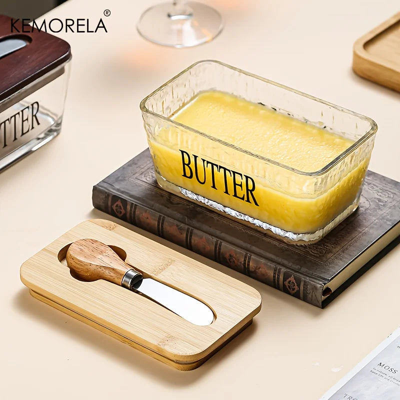 Glass Butter Dish with Bamboo Lid & Knife | Airtight Storage Butter Dish Axl